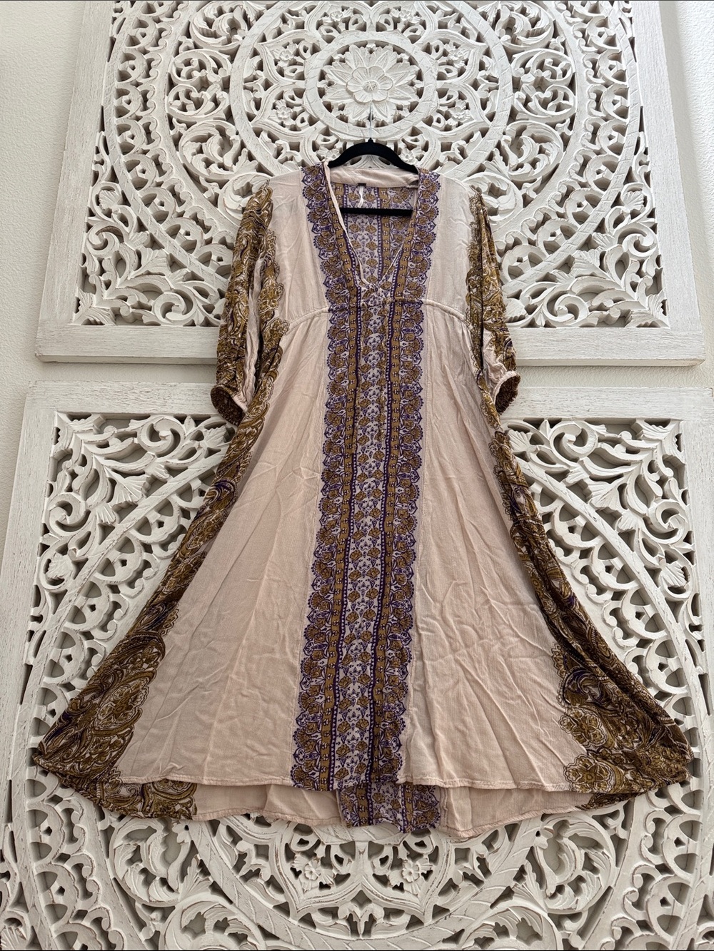 Free People Beige Tunic Dress with Purple and Brown Embroidery